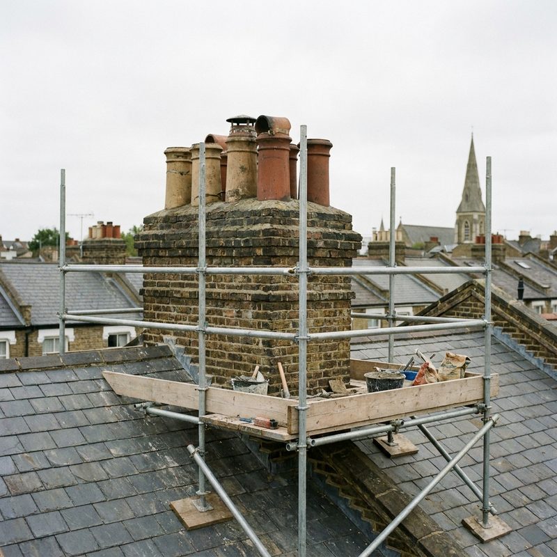 Chimney stack on a London slate roof with a compact access scaffold platform
