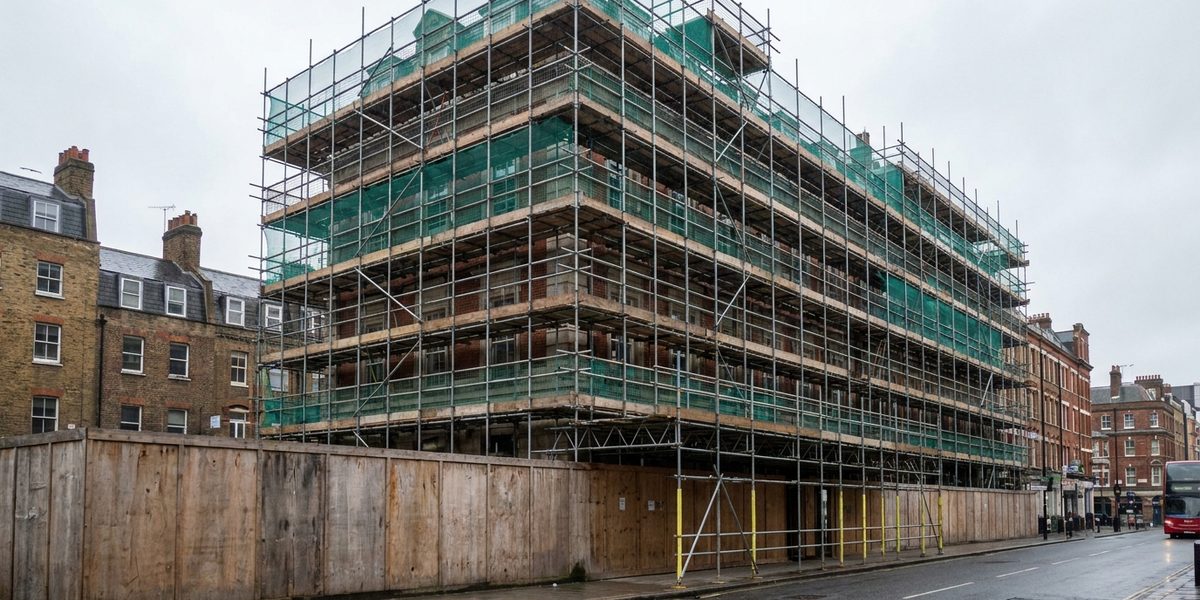 Large London commercial building clad in a system access scaffold