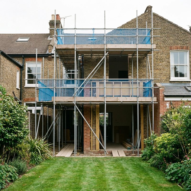 Access scaffold on a two-storey rear extension of a London home, garden side