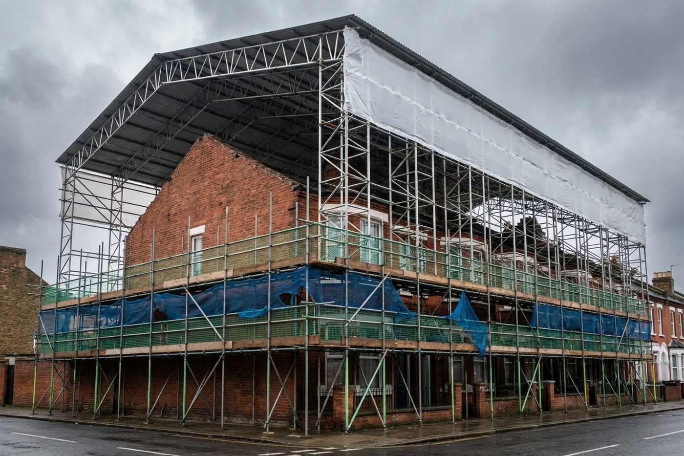 London house re-roof under a fully sheeted temporary roof scaffold
